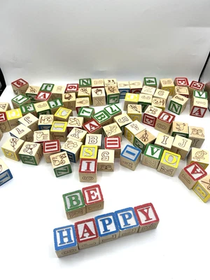 Lote de 86 bloques de construcción de madera para niños letras números fotos Foto 1 de 4