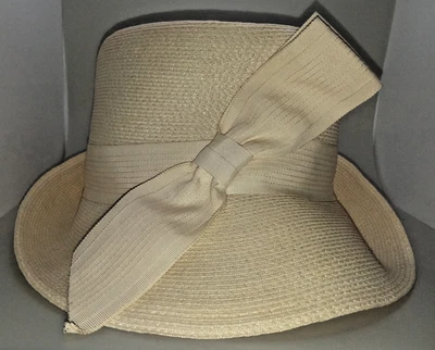 Vintage Woven Hat Beige  large bow Women's Sunday Party Races Beach - Image 1 of 4