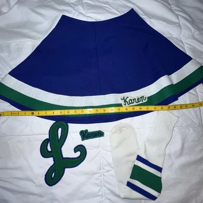 Auténtica Falda Alegría Disfraz Karen Barry Talla 8 Azul Verde y Calcetines Foto 1 de 4