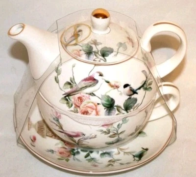 Grace Teaware Birds & Spring Roses Tea for One Teapot Cup & Saucer Set New - Image 1 of 3