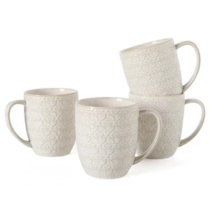 16OZ Ceramic Embossed Coffee Mugs Set, Large White Coffee Cups with Handles, ... - Picture 1 of 7