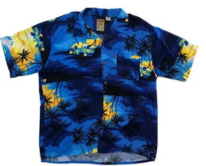 Pineapple Connection Hawaiian Shirt Rayon Blue & Yellow Palm Trees & Flowers - Picture 1 of 7