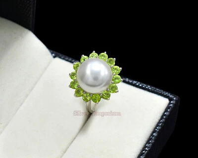 Natural Green Peridot & Mother of Pearl Ring 925 Sterling Silver Wedding Jewelry - Image 1 of 4