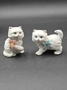 Vintage Pair Homco Porcelain White Persian Cat Kitten W/ Bows Figurines