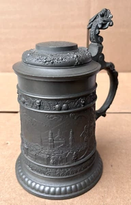 Antique German Pewter Metal Lidded Beer Stein Tankard City Onkel Carl Gartner - Picture 1 of 10