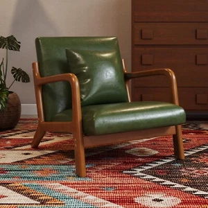 Mid Century Modern Accent Chair Wood Frame Fabric/Leather Armchair Lumbar Pillow - Picture 1 of 39