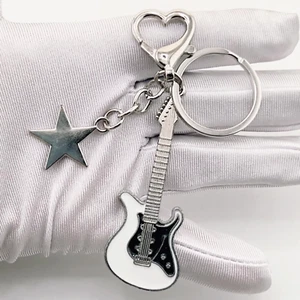 Y2K Guitar Love Heart Key Chain for Men Women Cool Pentagram Pendant Fashion Roc - Picture 1 of 16