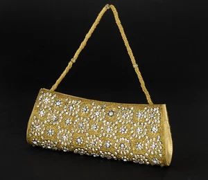 Vintage GOLD BEADED & DIAMANTE / JEWELLED CLUTCH/ OVER ARM EVENING BAG Small - Picture 1 of 11