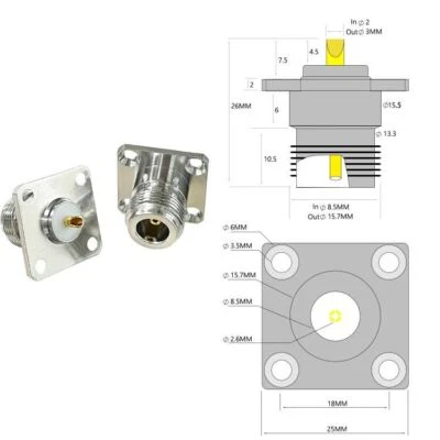 2X N type female jack RF COAX connector 4-hole panel mount solder cup chassis - Image 1 of 4
