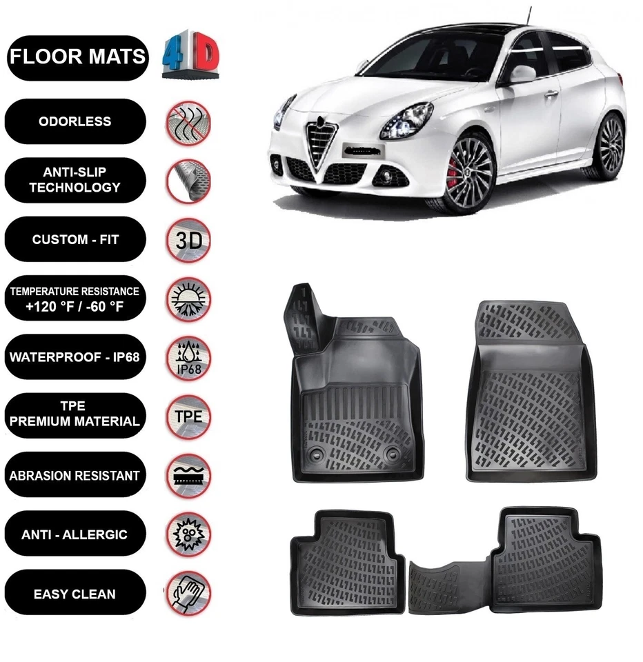 Forro de tapetes de assoalho compatível com Alfa Romeo Giulietta (2010-2022) moldado em 3D preto 4 peças - Imagem 1 de 4