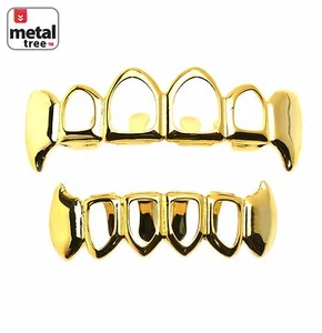 Men's Grillz Fangs 4 Open Face 14K Gold Plated Teeth Top & Bottom LS020 4F G - Picture 1 of 2