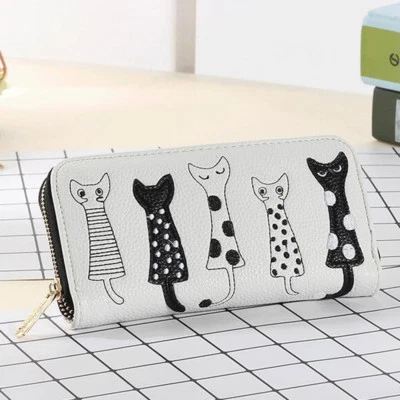 EE. UU. Mujeres Dibujos Animados Gato Cuero Cremallera Bolso sin asas Cartera Largo Portatarjetas Cartera Bolso de mano Foto 1 de 4