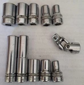 Set Of 10 Vintage Duro-Chrome 1/4" Drive 6 Point Sockets & 1 1/4" Swivel Socket - Picture 1 of 16