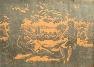 Pierre Thevenin (Thévenin) pencil signed antique linocut engraving; The Musician - Picture 1 of 6