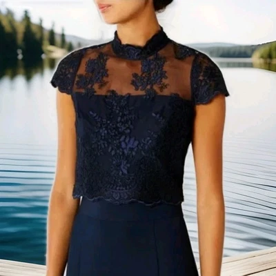 Coast Size 10 Jen Lace Navy Embroidered Bridesmaids Top Blouse Short Cropped  - Image 1 of 4