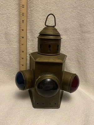 Ships Lantern c. 1820 Brass With Colored  Glass Globes Salvage From Lake Ontario - Image 1 of 4