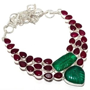Emerald(Simulated), Ruby Gemstone 925 Sterling Silver Jewelry Necklace 18" - Picture 1 of 1