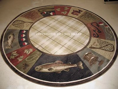 8' Round (7'8") Lodge Cabin Rustic Lake Fishing Fish Decor Area Rug - Image 1 of 3