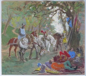 Dessin original illustration de Elisabeth HUNTER vers 1920 chevaux moyen-age - Imagen 1 de 4