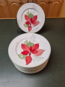 Set of 10 Block Spal Christmas Water Colors Poinsettia 8” Salad Plates EXC - Picture 1 of 3