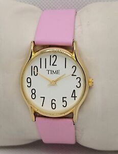 Unisex Time Classic Dressy Round Gold Tone Pink Faux Leather Strap Watch H3