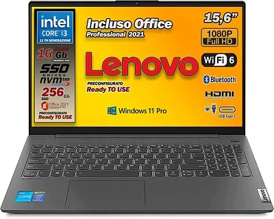 Lenovo Notebook i3 11th, SSD 256 GB, RAM 16 GB, 15,6" FullHD, OfficePro21 - Immagine 1 di 4