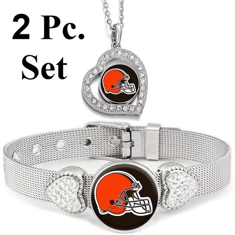 2 PcSet Cleveland Browns Womens Sterling Silver Necklace With Bracelet Cover