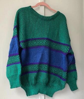 Suéter Vintage Kenzo Album Mezcla Lana Talla Pequeña Verde Azul Azteca Cuello Redondo Ital Foto 1 de 4