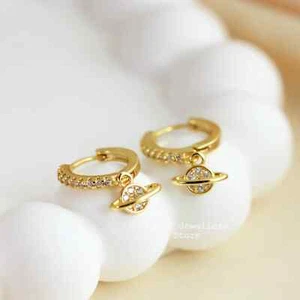 Gold Plated Planet Saturn Crystal CZ Charm Hoop Earrings - Picture 1 of 5
