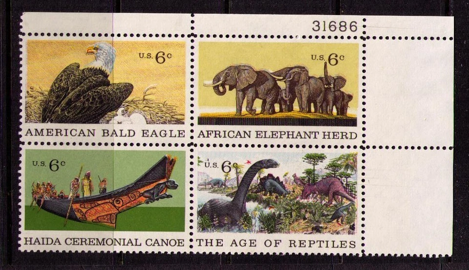 US USA Sc# 1390a MNH FVF Pl # Block Bald Eagle Elephant Haida Canoe Dinosaur - Image 1 of 1