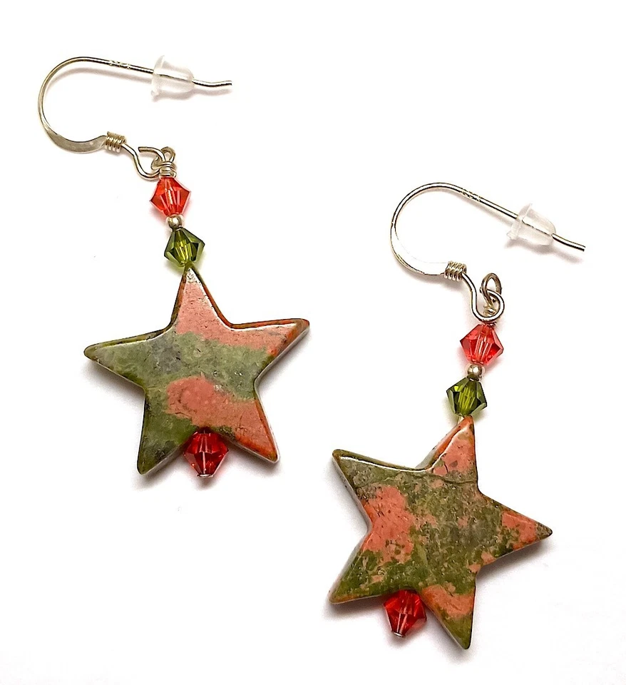 Earrings - Unakite Stars, 1.75 Inches, Crystal Bi-Cones, Stamped Sterling Wires - Image 1 of 1