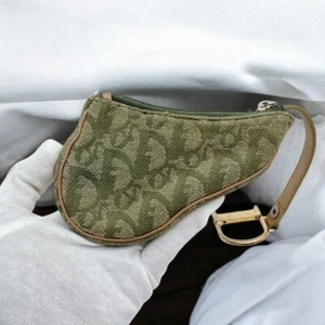 Christian Dior Trotter Canvas Saddle Pouch Green Brown Gold TR0061 Authentic - Picture 1 of 10