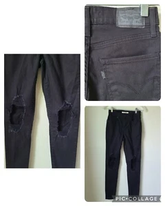 Jeans ajustados Levis 721 talla 25 (24) tiro alto negros rodillas rasgadas desgastados - Imagen 1 de 12