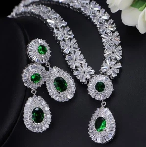 Sparking Flower Jewelry Sets Fire Green Blue Topaz Silver Necklaces Earrings - Picture 1 of 9