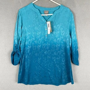 Chicos Shirt Womens 1 Roll Tab Sleeve Blue Ombre V Neck Button Indigo Size M NWT - Picture 1 of 12