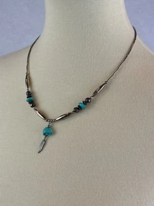 Turquoise Silver-Tone Necklace With Feather Pendant Floral Beads Boho - Picture 1 of 7
