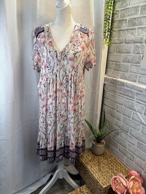 Knox Rose V-Neck Floral Ruffle Boho Peasant Short Sleeve Short Dress SZ Large - Image 1 of 4