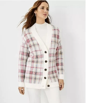Женский кардиган в клетку на пуговицах Ann Taylor Boyfriend размер S розовый/белый - Изображение 1 из 4