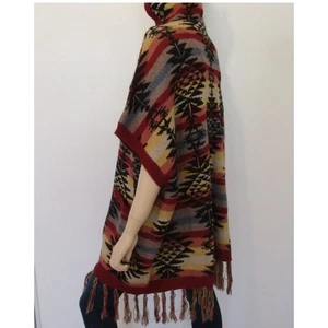 American Eagle Aztec Southwestern Hooded Fringe Open Front Poncho Cape Medium - Picture 1 of 8