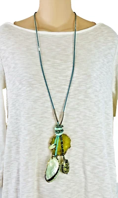 "Collar llamativo piedra cuarzo druzy concha de abulón genuino azul turquesa 23""" Foto 1 de 4