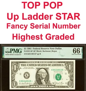 1981 $1 Federal Reserve Note PMG 66EPQ top pop up ladder Dallas star Fr 1911-K* - Picture 1 of 5