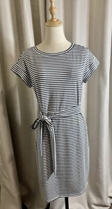 Women’s Short Sleeve Striped T-Shirt Dress With Pockets Dusty Blue & White NWT S - Picture 1 of 7