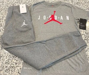 NWT NIKE AIR JORDAN BOY'S 2 PC SET GRAY DRI-FIT SHORT SLEEVE & JOGGERS L & XL - Picture 1 of 7