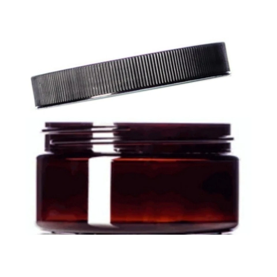 8oz Amber PET Low Profile Plastic Jars with 89/400 Black Silver Lined Jar Caps - Image 1 of 1