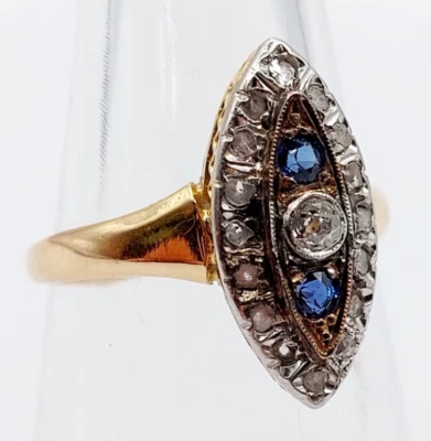 Bague marquise antique or 18k diamant taille ancienne et saphirs (circa 1900) - Photo 1/4