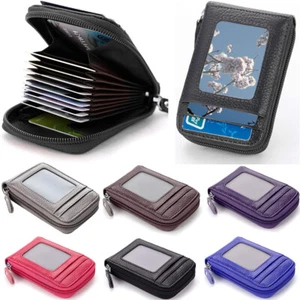 Premium Leather Slim Zipper Credit Card Case Holder with Clear Photo Slot RFID - Picture 1 of 48