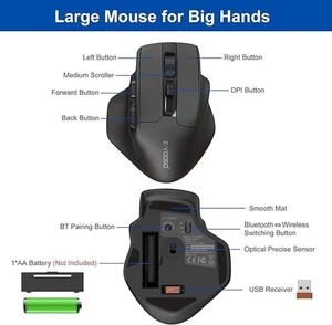Bluetooth 5.0/4.0+2.4G Large Mouse Big Hands 4800 DPI Wireless Mouse Up to 3 Mac - Picture 1 of 6