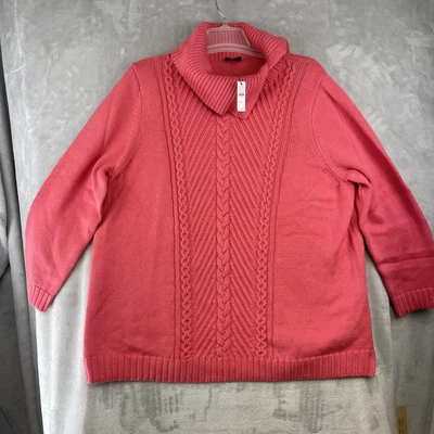 Talbots Sweater Size 2X Coral Split Neck Turtleneck Cable Knit Cotton - Image 1 of 4