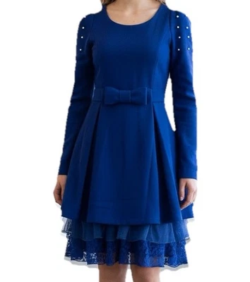 Vestido de babado RYU Anthropologie azul royal gola redonda pérolas tamanho pequeno - Imagem 1 de 4