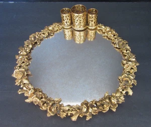 VINTAGE GOLDTONE FILIGREE FLORAL DESIGN LIPSTICK PERFUME MIRROR VANITY TRAY - Picture 1 of 13